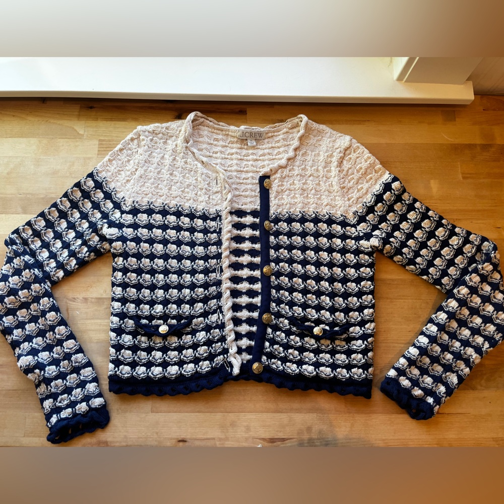 New without tags J. Crew navy and cream textured crochet lady jacket